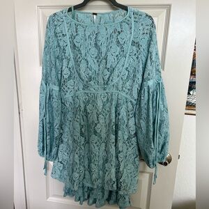 Free People Sea Fog Green Ruffles Blue Lace Mini Dress Size XS